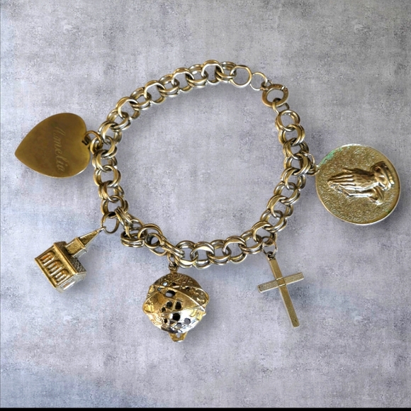 Vintage Jewelry - Charm Bracelet Religious Amelia 1959 Cross Heart 925 Sterling